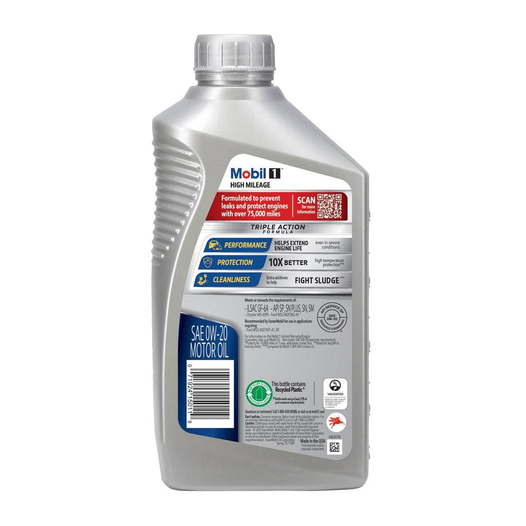 Mobil 1 High Mileage Full Synthetic Engine Oil 0W-20 1 Quart