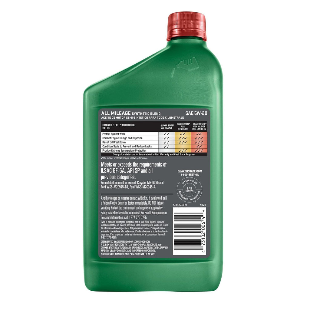 Quaker State High Mileage Synthetic Blend Engine Oil 5W-20 1 Quart
