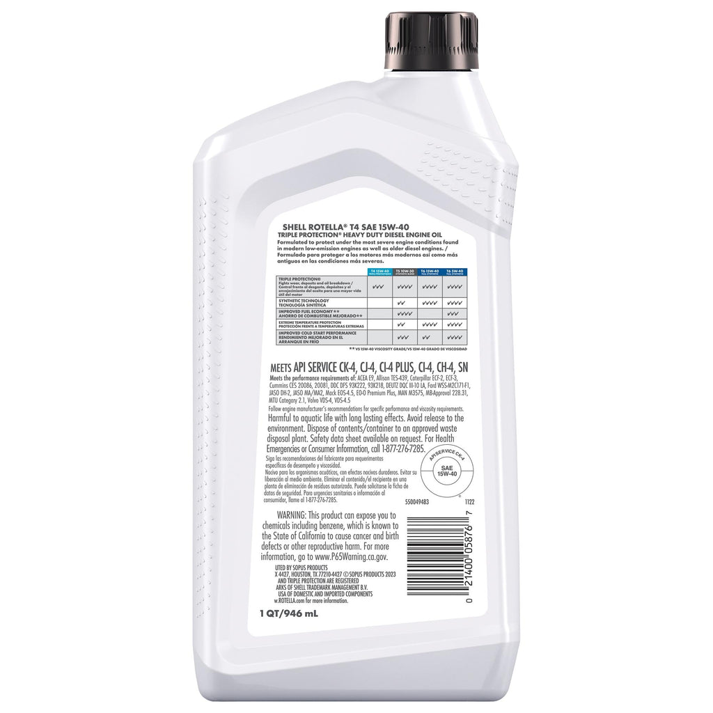 Shell ROTELLA T4 Triple Protection Diesel Conventional Engine Oil 15W-40 1 Quart